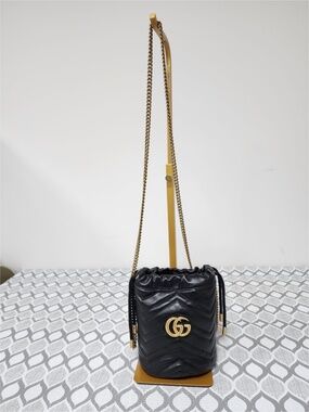 Authentic GUCCI Quilted Leather Marmont GG Mini Bucket Crossbody Bag Black